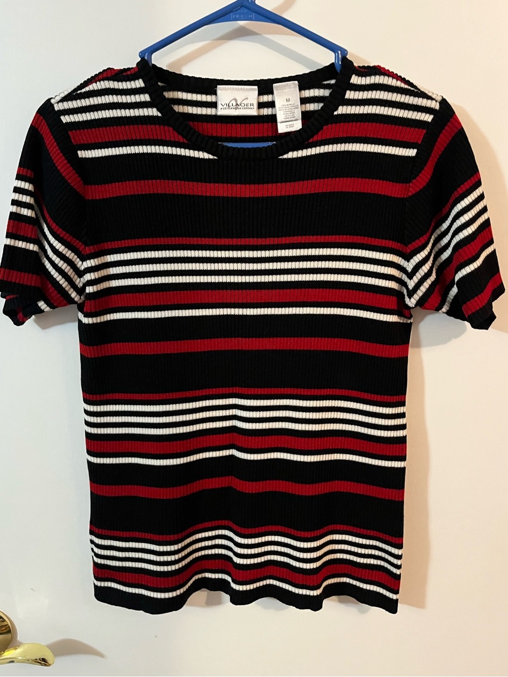 Villager A Liz Claiborne company Striped Knit Tee - Black, Red & White medium
